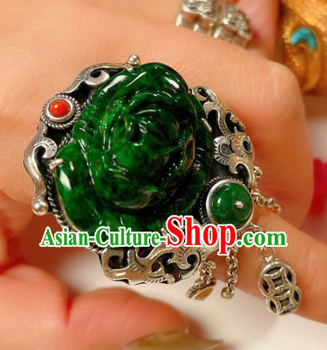 Top Chinese National Silver Carving Ring Jewelry Traditional Handmade Accessories Jadeite Rose Circlet