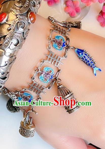 Handmade Chinese Cloisonne Fish Bat Bracelet Accessories Traditional Culture Jewelry Silver Bangle