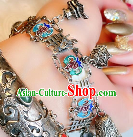 Handmade Chinese Cloisonne Fish Bat Bracelet Accessories Traditional Culture Jewelry Silver Bangle