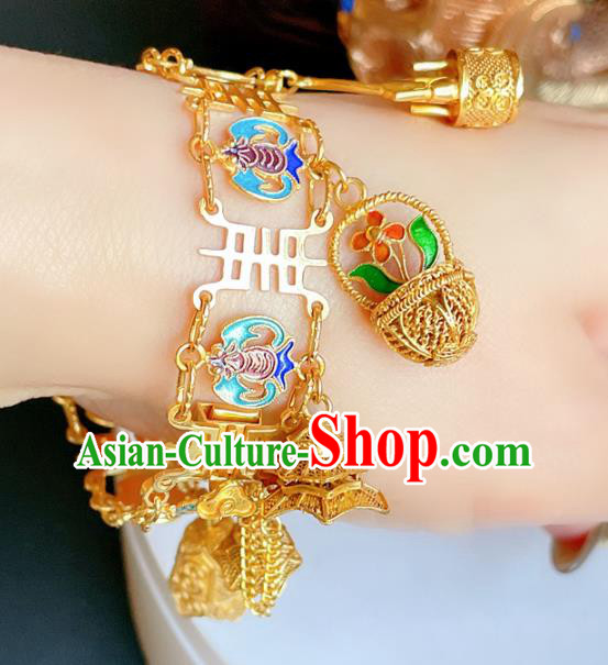 Handmade Chinese Golden Basket Bracelet Accessories Traditional Culture Jewelry Cloisonne Bat Bangle