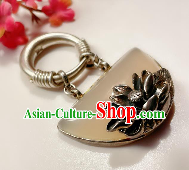Top Chinese National Silver Lotus Ring Jewelry Traditional Handmade Accessories Hetian Jade Circlet