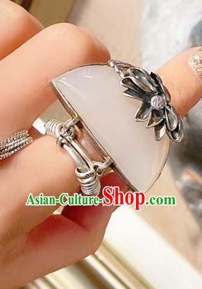 Top Chinese National Silver Lotus Ring Jewelry Traditional Handmade Accessories Hetian Jade Circlet