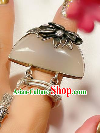 Top Chinese National Silver Lotus Ring Jewelry Traditional Handmade Accessories Hetian Jade Circlet