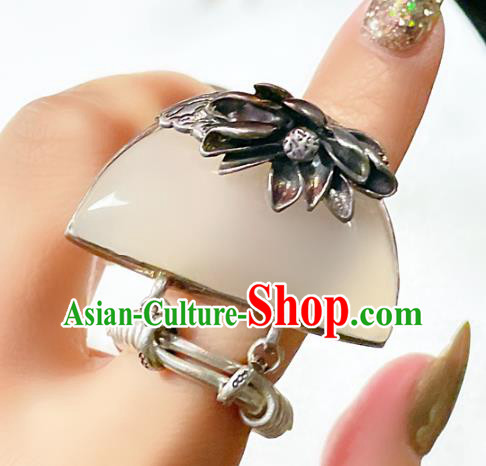 Top Chinese National Silver Lotus Ring Jewelry Traditional Handmade Accessories Hetian Jade Circlet