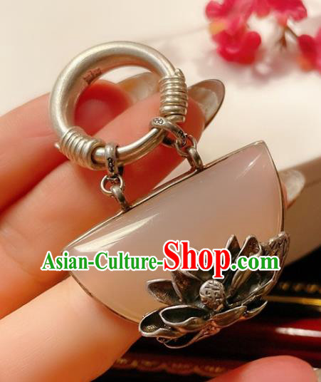 Top Chinese National Silver Lotus Ring Jewelry Traditional Handmade Accessories Hetian Jade Circlet