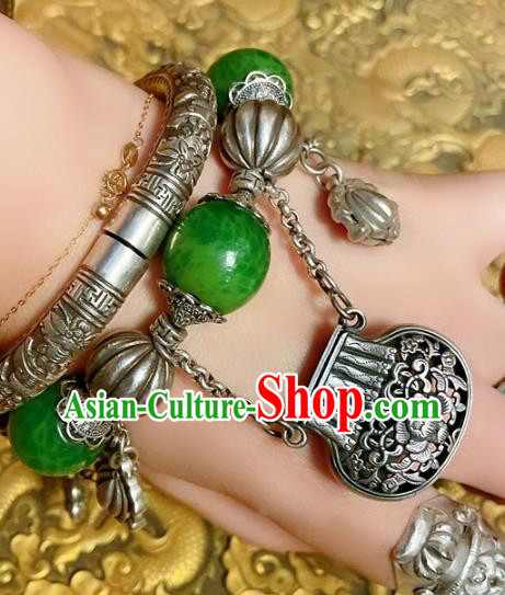 Handmade Chinese Jadeite Beads Bracelet Accessories Traditional Culture Jewelry Silver Carving Bangle