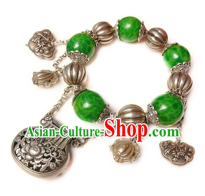 Handmade Chinese Jadeite Beads Bracelet Accessories Traditional Culture Jewelry Silver Carving Bangle