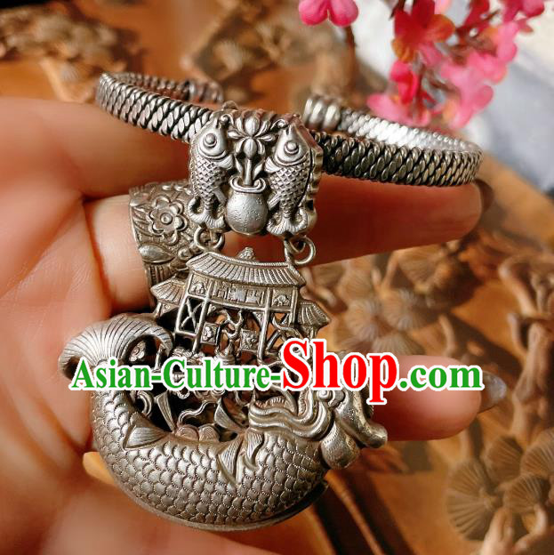 Handmade Chinese Silver Carp Bracelet Accessories Traditional Culture Jewelry National Carving Bangle