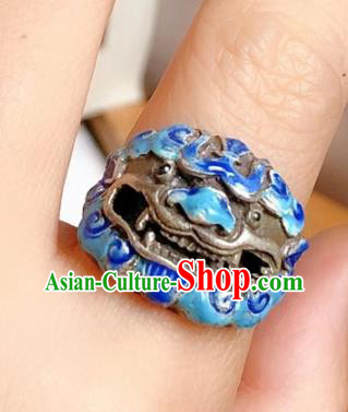 Chinese National Blueing Silver Ring Jewelry Traditional Handmade Accessories Retro Carving Lion Circlet
