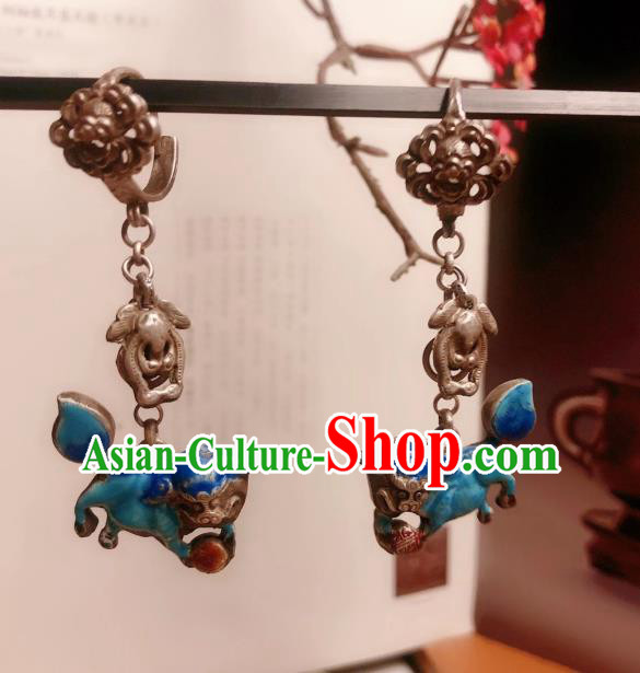 Chinese National Blueing Lion Earrings Traditional Jewelry Handmade Silver Ear Accessories