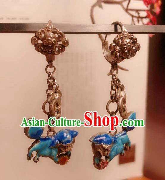 Chinese National Blueing Lion Earrings Traditional Jewelry Handmade Silver Ear Accessories