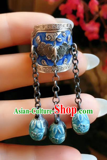 Chinese National Blueing Tassel Ring Jewelry Traditional Handmade Accessories Silver Circlet