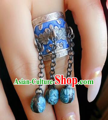 Chinese National Blueing Tassel Ring Jewelry Traditional Handmade Accessories Silver Circlet