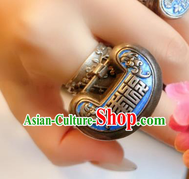 Chinese National Carving Bat Blueing Ring Jewelry Traditional Handmade Accessories Silver Lock Circlet