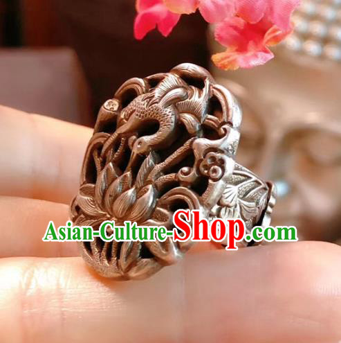 Chinese National Carving Crane Lotus Ring Jewelry Traditional Handmade Accessories Silver Circlet