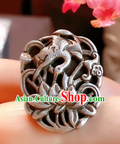 Chinese National Carving Crane Lotus Ring Jewelry Traditional Handmade Accessories Silver Circlet