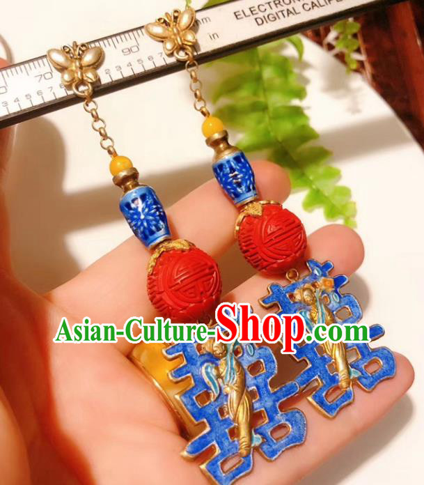 Chinese National Wedding Blueing Earrings Traditional Jewelry Handmade Carved Lacquerware Ear Accessories