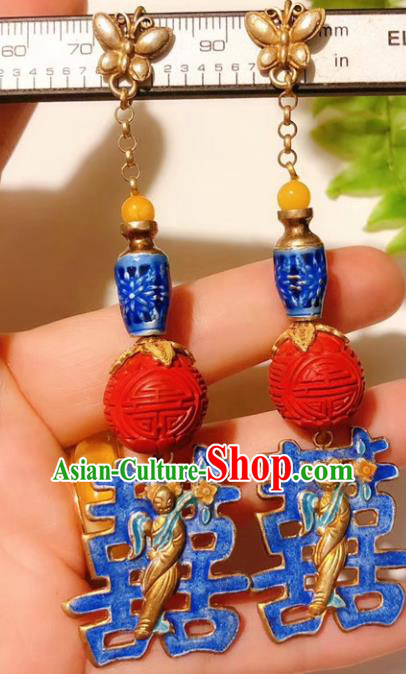 Chinese National Wedding Blueing Earrings Traditional Jewelry Handmade Carved Lacquerware Ear Accessories