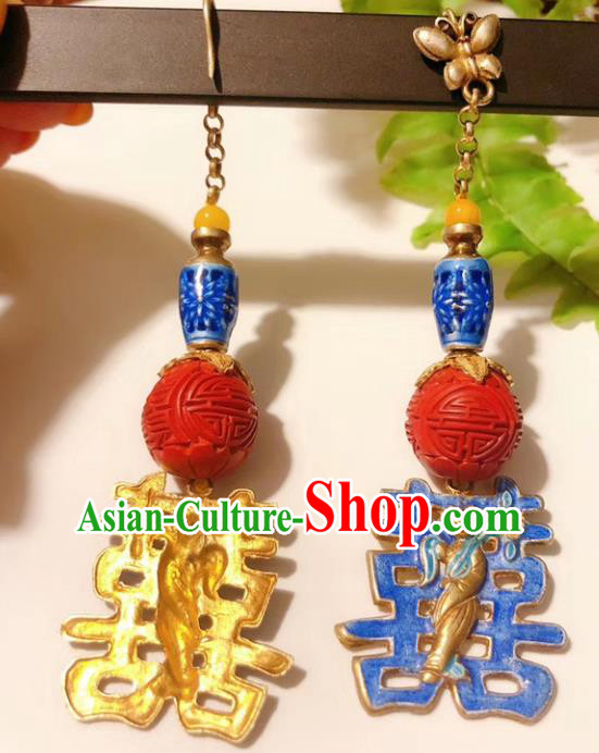 Chinese National Wedding Blueing Earrings Traditional Jewelry Handmade Carved Lacquerware Ear Accessories