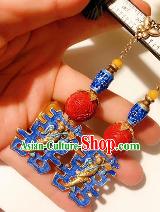 Chinese National Wedding Blueing Earrings Traditional Jewelry Handmade Carved Lacquerware Ear Accessories