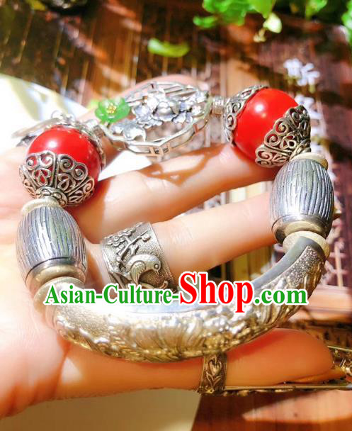 China Traditional Silver Bracelet Handmade National Cinnabar Bangle Accessories