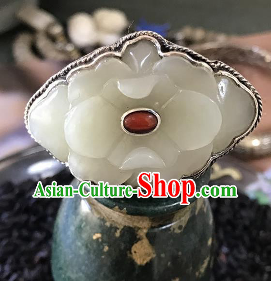 Chinese National Hetian Jade Peony Ring Jewelry Traditional Handmade Silver Circlet Accessories