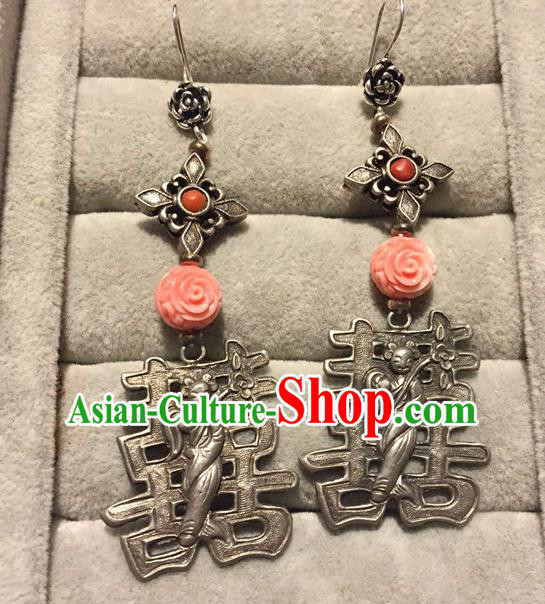 Chinese National Silver Earrings Traditional Jewelry Handmade Wedding Ear Accessories