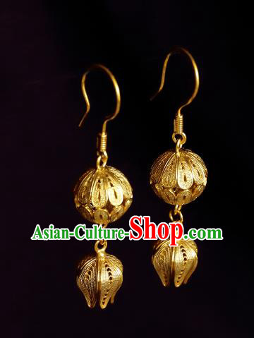 Chinese Traditional Qing Dynasty Palace Golden Earrings Accessories Ancient Court Empress Ear Jewelry