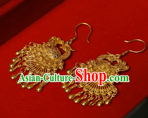Chinese Traditional Hanfu Golden Peacock Earrings Accessories Ancient Queen Tassel Ear Jewelry