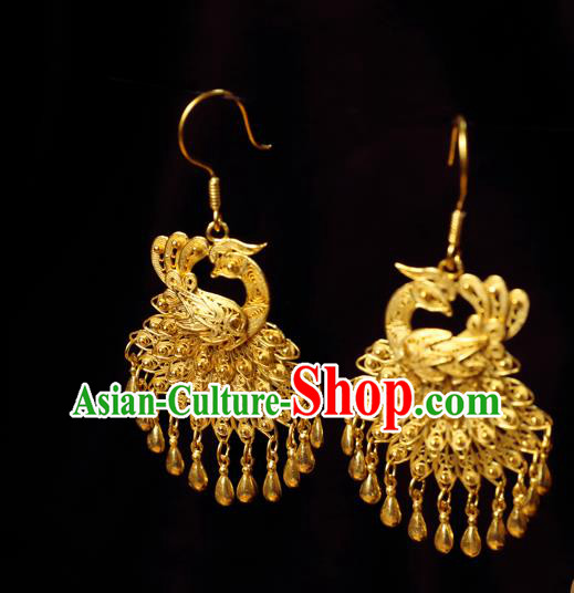 Chinese Traditional Hanfu Golden Peacock Earrings Accessories Ancient Queen Tassel Ear Jewelry