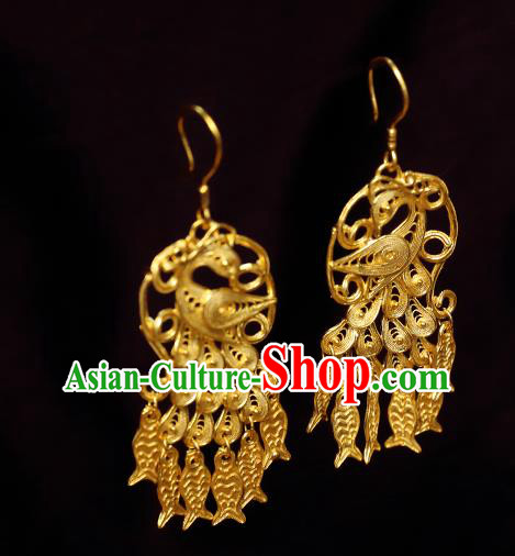 Chinese Ancient Empress Fish Tassel Ear Jewelry Traditional Hanfu Golden Peacock Earrings Accessories