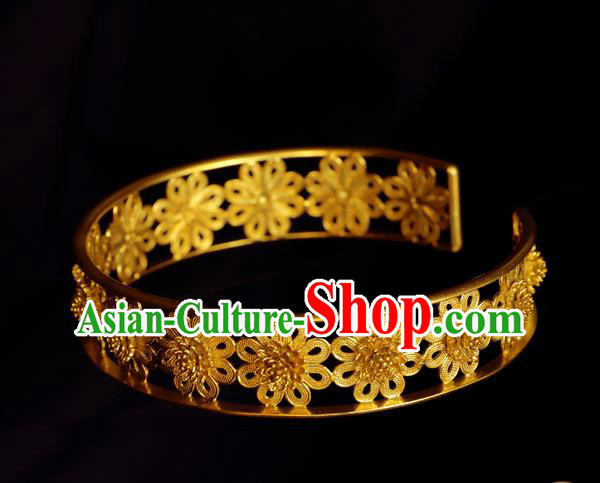 Handmade Chinese Carving Flower Golden Bracelet Accessories Traditional Qing Dynasty Palace Bangle Jewelry