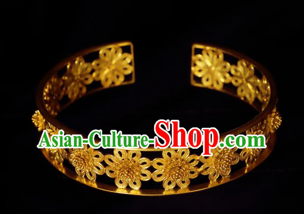 Handmade Chinese Carving Flower Golden Bracelet Accessories Traditional Qing Dynasty Palace Bangle Jewelry