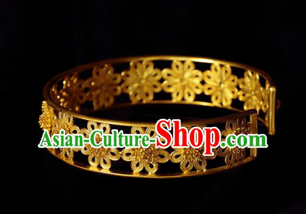 Handmade Chinese Carving Flower Golden Bracelet Accessories Traditional Qing Dynasty Palace Bangle Jewelry