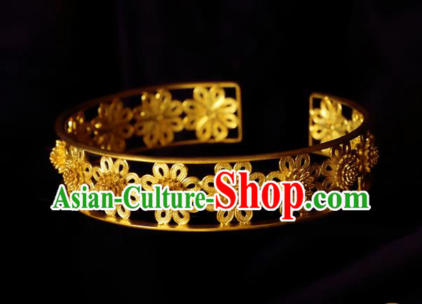 Handmade Chinese Carving Flower Golden Bracelet Accessories Traditional Qing Dynasty Palace Bangle Jewelry