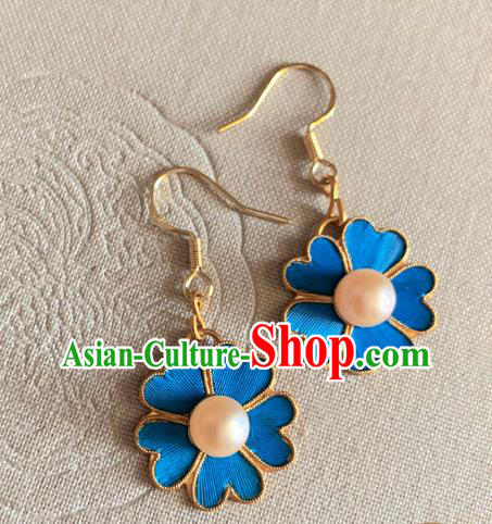 Chinese National Pearl Ear Accessories Traditional Cheongsam Blue Flower Earrings Jewelry