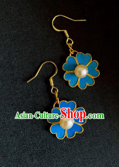 Chinese National Pearl Ear Accessories Traditional Cheongsam Blue Flower Earrings Jewelry
