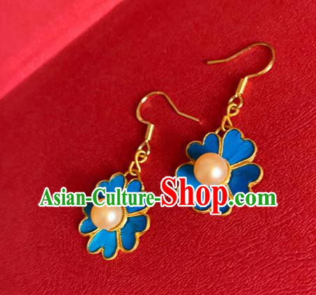Chinese National Pearl Ear Accessories Traditional Cheongsam Blue Flower Earrings Jewelry