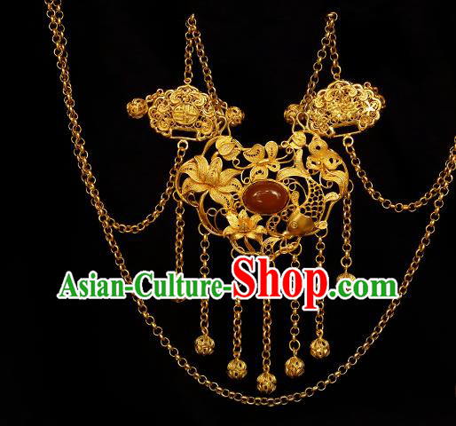 China Traditional Hanfu Agate Necklace Accessories Ancient Princess Golden Lotus Lock Necklet Pendant