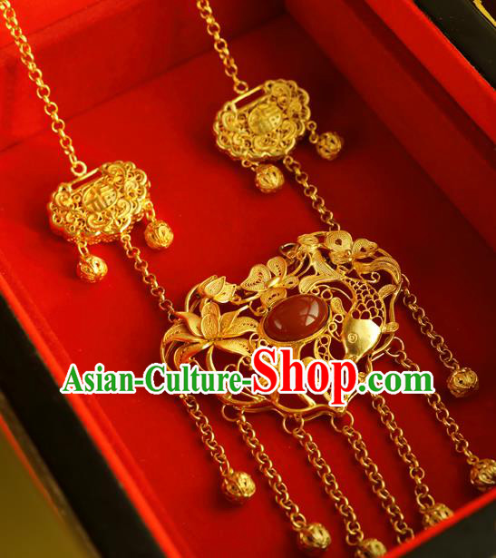 China Traditional Hanfu Agate Necklace Accessories Ancient Princess Golden Lotus Lock Necklet Pendant