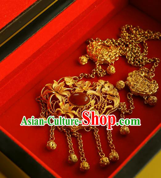 China Traditional Hanfu Agate Necklace Accessories Ancient Princess Golden Lotus Lock Necklet Pendant
