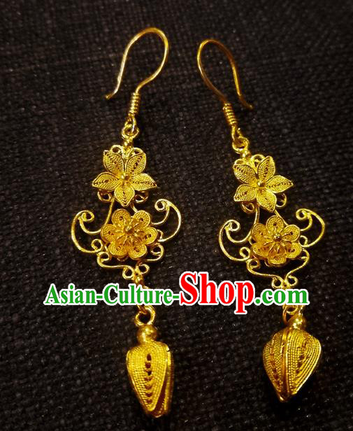 Chinese National Wedding Golden Pulm Blossom Ear Accessories Traditional Cheongsam Earrings Jewelry