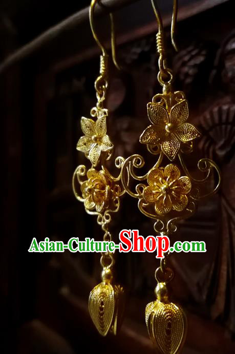 Chinese National Wedding Golden Pulm Blossom Ear Accessories Traditional Cheongsam Earrings Jewelry