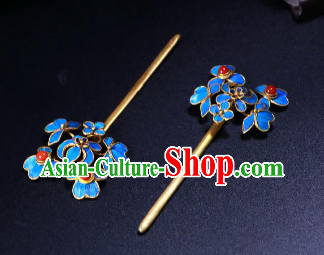 China Ancient Qing Dynasty Empress Hairpin Traditional Handmade Enamel Blue Hair Stick