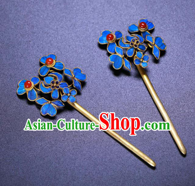 China Ancient Qing Dynasty Empress Hairpin Traditional Handmade Enamel Blue Hair Stick