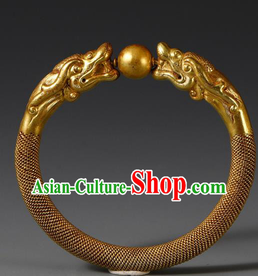 Handmade Chinese Traditional Wedding Filigree Bangle Jewelry Golden Dragon Bracelet Accessories