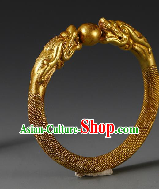 Handmade Chinese Traditional Wedding Filigree Bangle Jewelry Golden Dragon Bracelet Accessories