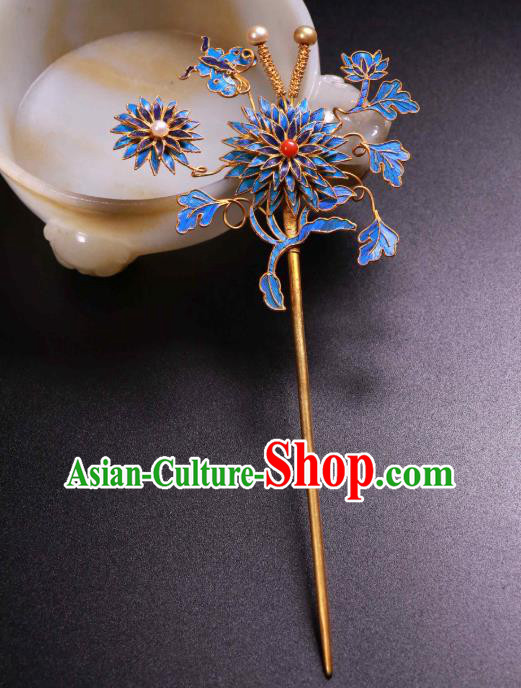 China Traditional Handmade Pearls Hair Stick Ancient Qing Dynasty Empress Blueing Chrysanthemum Hairpin