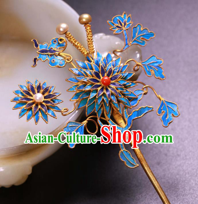 China Traditional Handmade Pearls Hair Stick Ancient Qing Dynasty Empress Blueing Chrysanthemum Hairpin