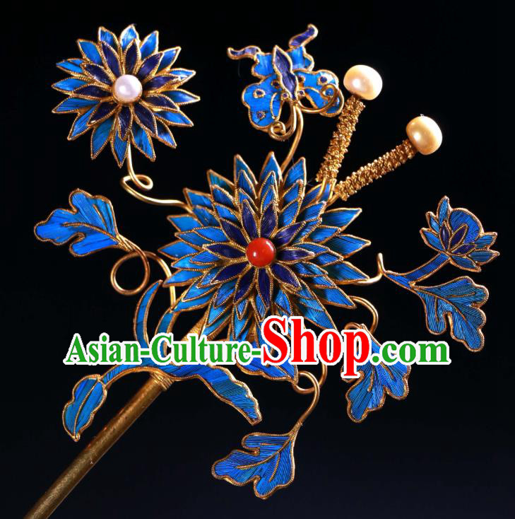 China Traditional Handmade Pearls Hair Stick Ancient Qing Dynasty Empress Blueing Chrysanthemum Hairpin